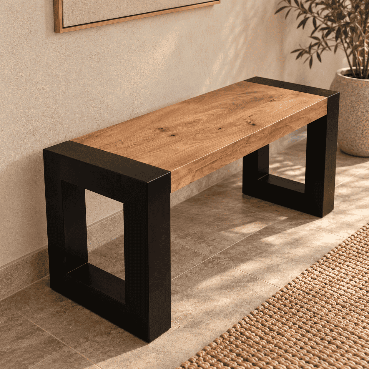 banc industriel 100 cm en bois de manguier et métal KUKUU