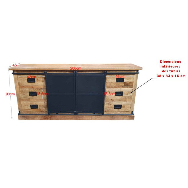 Buffet industriel, fait en bois massif de manguier et métal. Cette enfilade est composée de 6 tiroirs en bois, 2 portes coulissantes et de 2 étagères . Le mélange bois brut et métal apportera une touche unique et pleine de charme à votre intérieur. Disponible en 160 et 200 cm. Kukuu, meubles industriels de qualité.