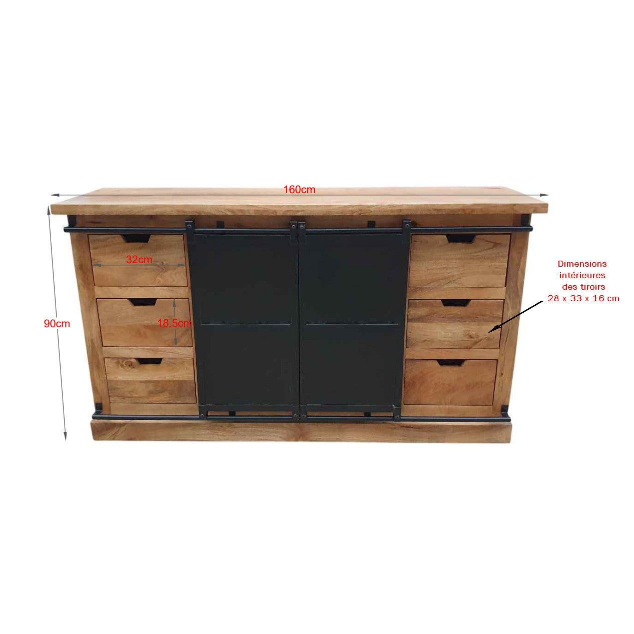 Buffet industriel massif bois et acier à portes coulissantes. Mesures: 160 x 45 x 90 cm. Kukuu, meubles industriels de qualité.