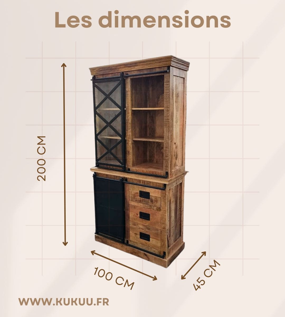 Notre vaisselier industriel 100 cm a été fabriqué en bois massif de manguier et acier. Mesures: 100 x 45 x 200 cm. Kukuu, meubles industriels de qualité.