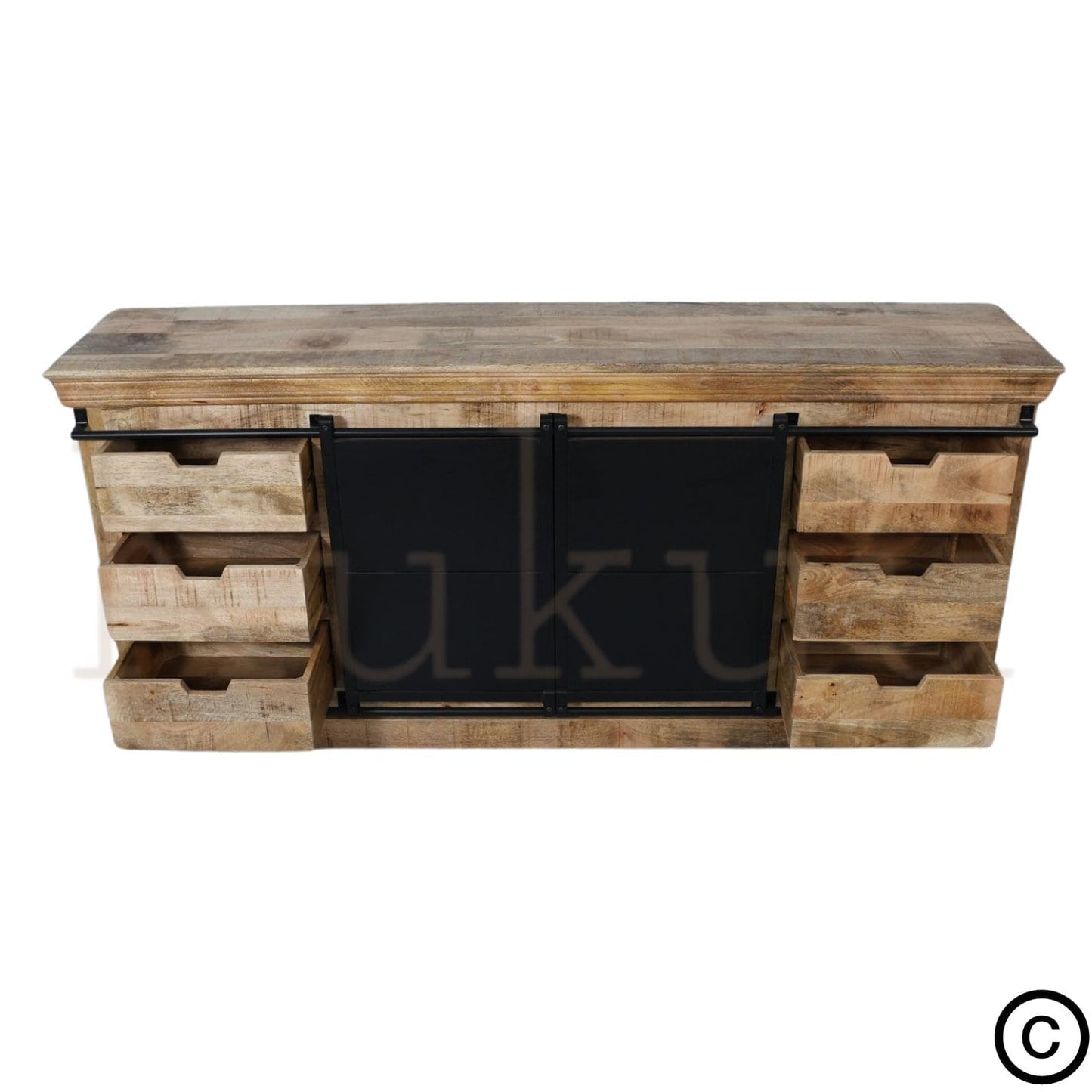Ce buffet industriel bois massif fait de bois de manguier et métal, est composé de 6 tiroirs en bois, 2 portes coulissantes et de 2 étagères. Dimensions: 200 (L) X 45 (l) X 90 (H) cm. Kukuu, meubles industriels de qualité.