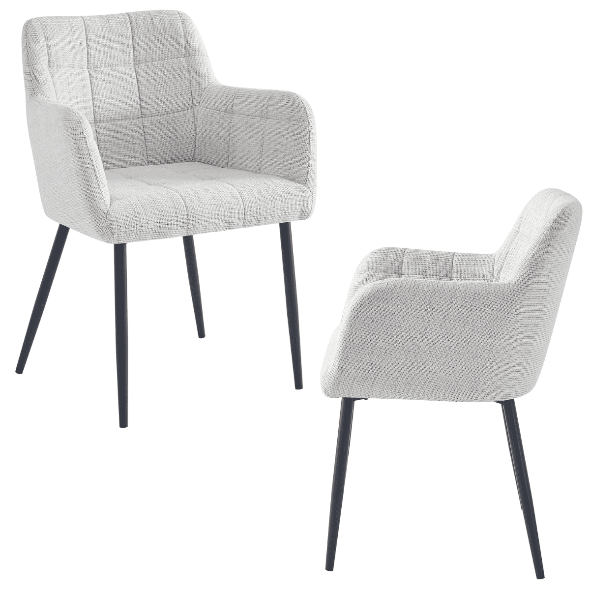 Deux chaises couture quadrillées beiges avec accoudoirs et pieds en métal noir – design contemporain et dossier à surpiqûres carrées signé KUKUU.