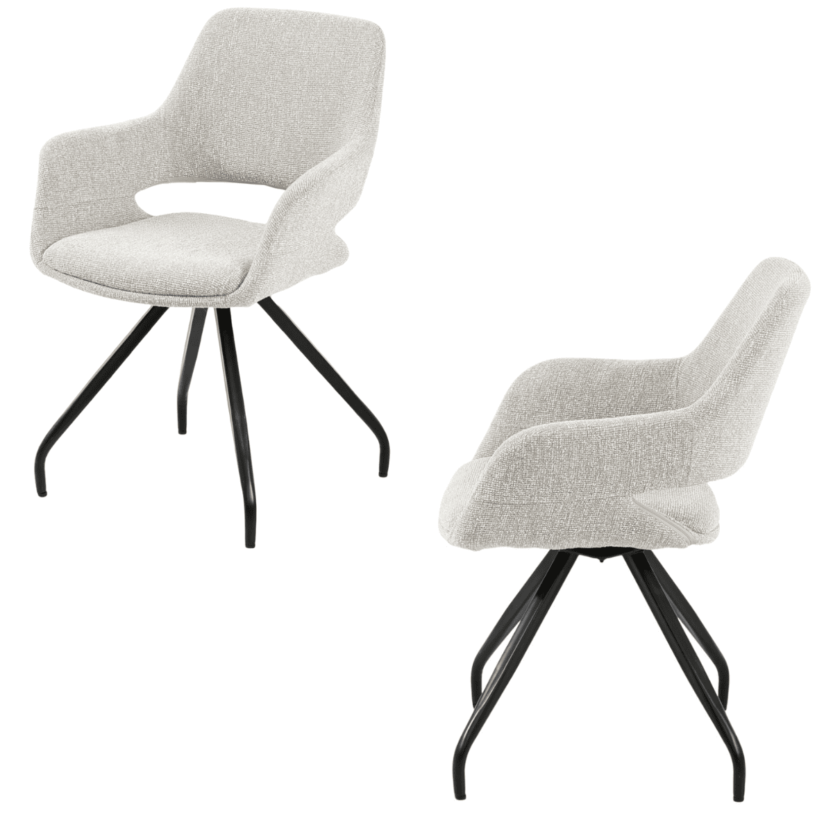 Chaise moderne avec accoudoirs, structure en métal noir et assise en tissu texturé clair, design élégant et confortable – KUKUU