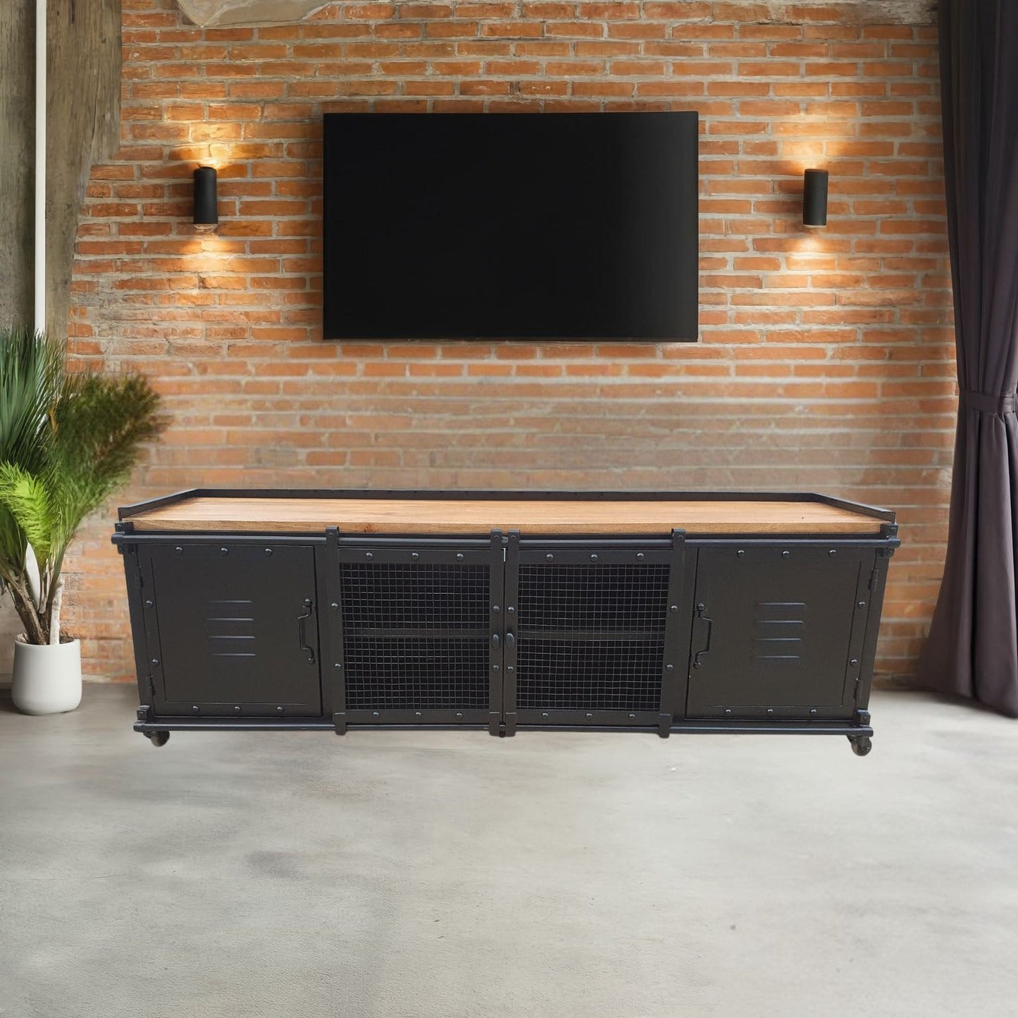 Meuble tv industriel à roulettes BLAST - portes coulissantes