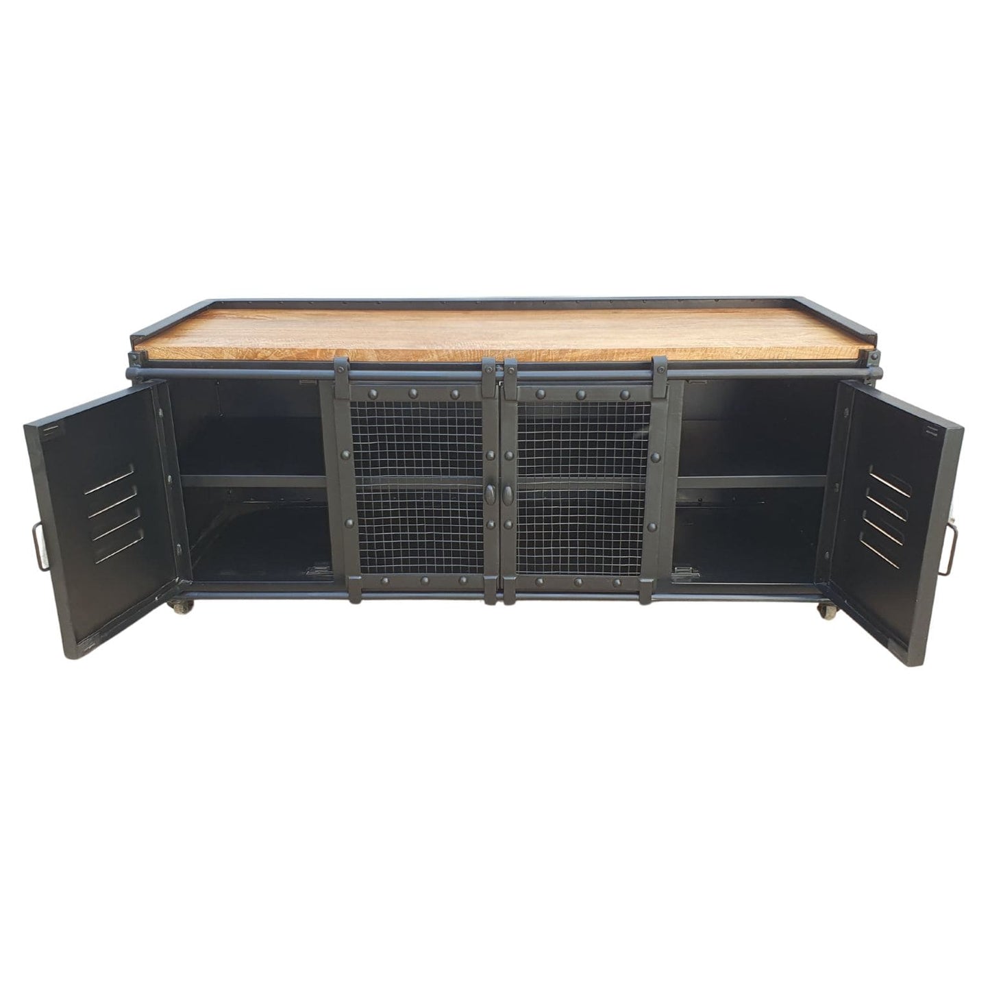 Découvrez le meuble tv industriel à roulettes BLAST avec portes coulissantes, un choix élégant et moderne pour votre salon. Kukuu, meubles industriels de qualité.