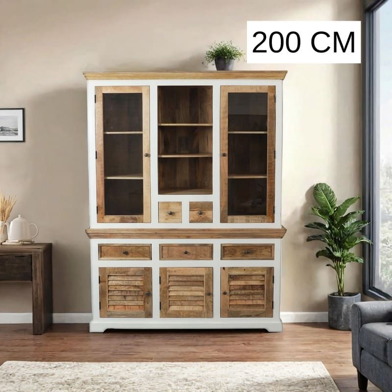 Ce vaisselier bois massif est composé de 5 tiroirs, 3 portes en bois de manguier et 2 portes vitrées avec étagères et espaces de rangements. Afin de donner un style unique à ce vaisselier, vous retrouverez des portes en bois naturel style persienne. Longueurs disponibles: 160, 180 et 200 cm
Largueur: 45 cm
Hauteur totale: 220 cm.
Kukuu, spécialiste en mobilier d'intérieur de caractère.