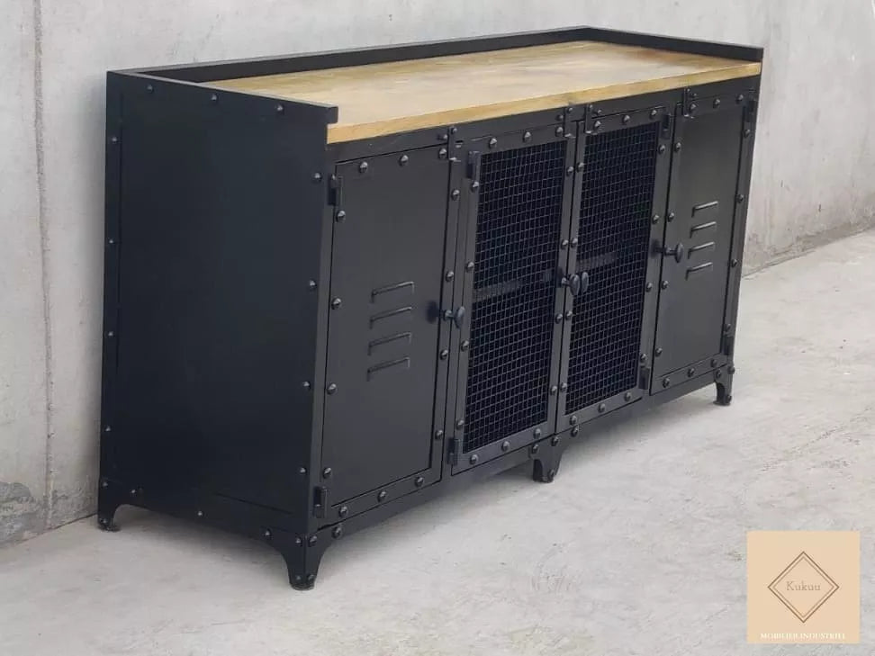 Buffet industriel métal et bois massif 160 cm | Kukuu