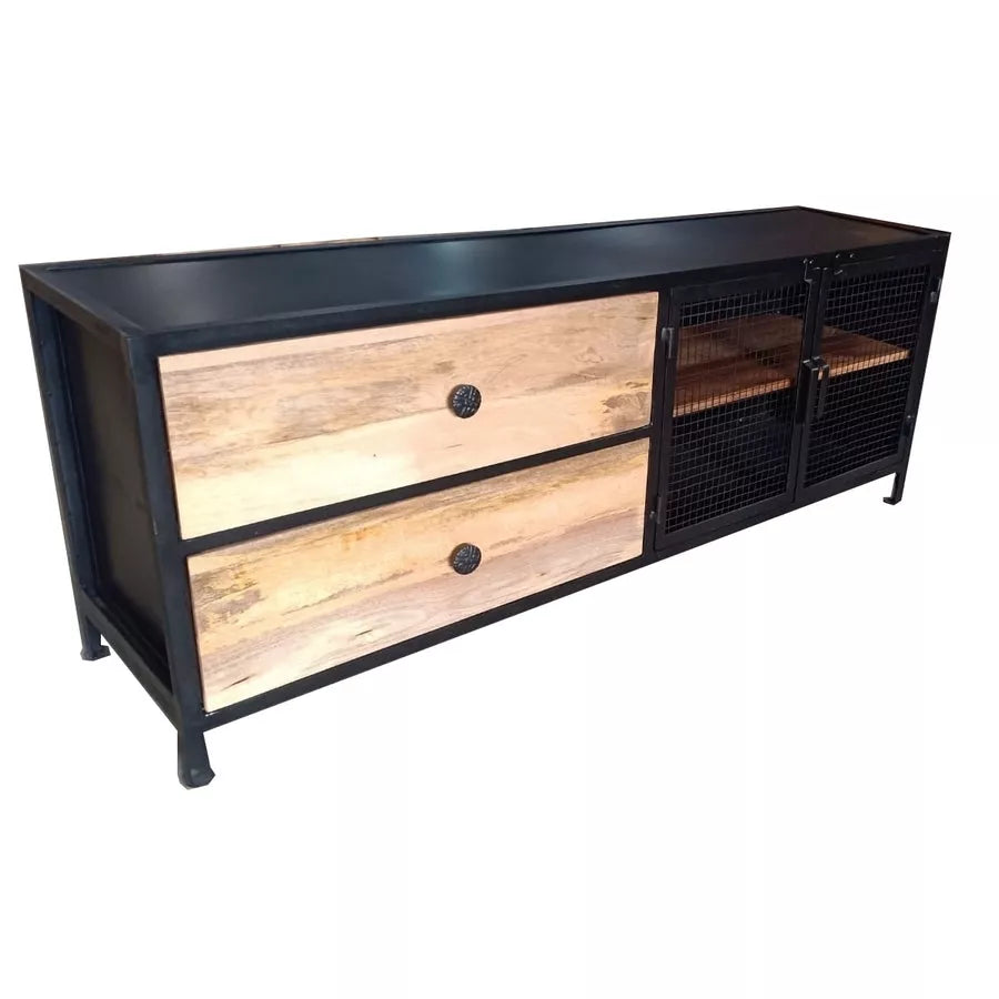 Meuble tv industriel avec tiroirs et étagères style industriel. Mesures: 160 x 45 x 50 cm. Kukuu, mobilier industriel et bois massif.