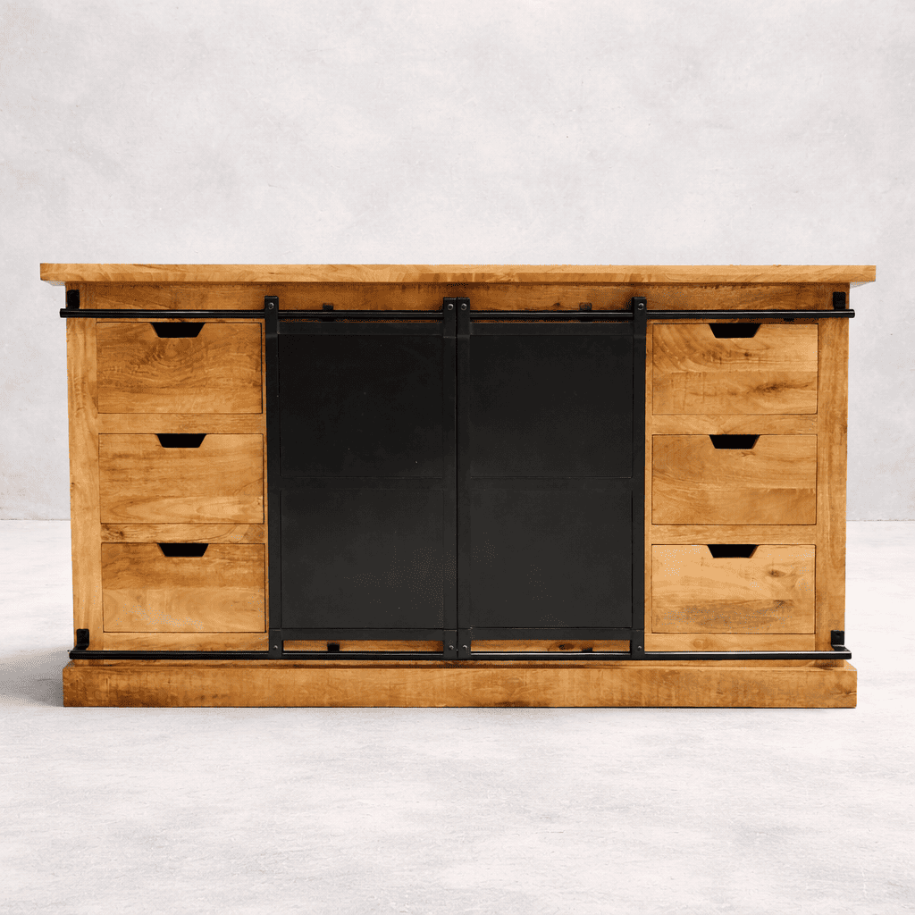 Buffet industriel bois massif 160 cm avec portes coulissantes kukuu