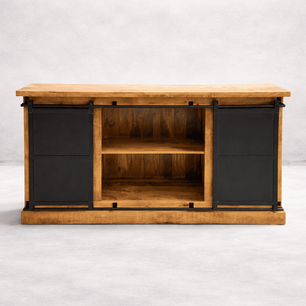 Buffet industriel bois massif 160 cm avec portes coulissantes - portes métalliques ouvertes