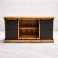 Buffet industriel bois massif 160 cm avec portes coulissantes - portes métalliques ouvertes