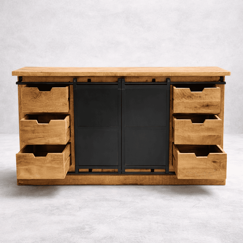Buffet industriel bois massif 160 cm avec portes coulissantes - tiroirs en bois ouverts
