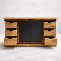 Buffet industriel bois massif 160 cm avec portes coulissantes - tiroirs en bois ouverts