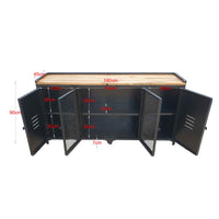 Ce buffet industriel 180 cm a été fabriqué à partir d'une structure en métal et d'un plateau en bois massif de manguier. Il est composé de quatre portes métalliques et d'espaces de rangement. Dimensions: 180 (L) X 45 (l) X 90 (H) cm. Kukuu, meubles industriels de qualité.