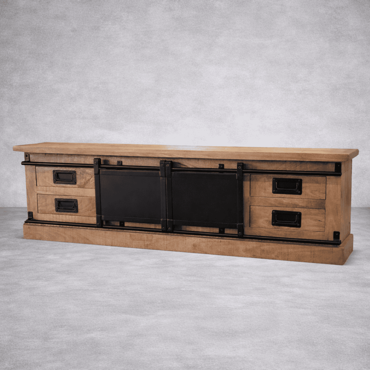 Meuble TV industriel 160 cm bois massif avec portes coulissantes KUKUU
