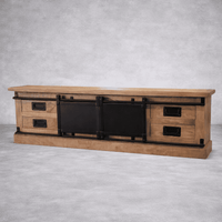 Meuble TV industriel 160 cm bois massif avec portes coulissantes KUKUU