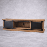 Meuble TV industriel 160 cm bois massif avec portes coulissantes KUKUU - niche centrale