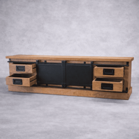 Meuble TV industriel 160 cm bois massif avec portes coulissantes KUKUU - tiroirs ouverts