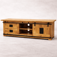 Meuble TV industriel 160 cm bois massif avec tiroirs KUKUU - porte coulissante ouverte