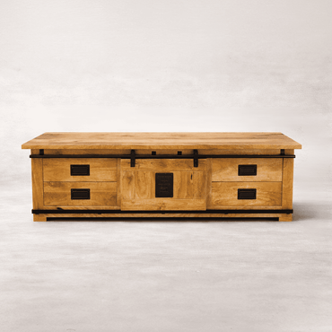 Meuble TV industriel 160 cm bois massif avec tiroirs KUKUU