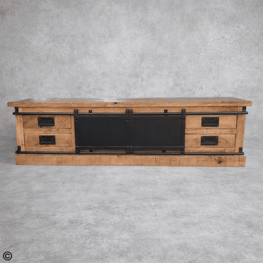 Meuble TV industriel 180 cm bois massif avec portes coulissantes KUKUU