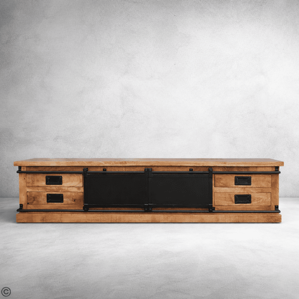Meuble TV industriel 200 cm bois massif avec portes coulissantes kukuu