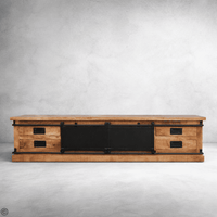Meuble TV industriel 200 cm bois massif avec portes coulissantes kukuu