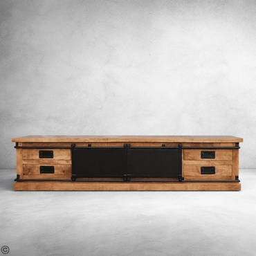 Meuble TV industriel 200 cm bois massif avec portes coulissantes kukuu