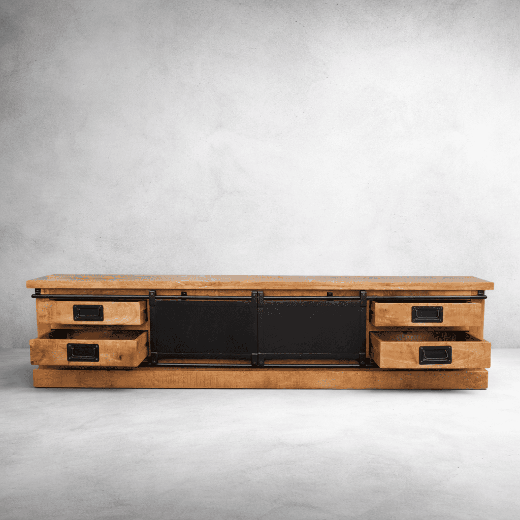 Meuble TV industriel 200 cm bois massif avec portes coulissantes KUKUU tiroirs ouverts