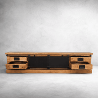 Meuble TV industriel 200 cm bois massif avec portes coulissantes KUKUU tiroirs ouverts