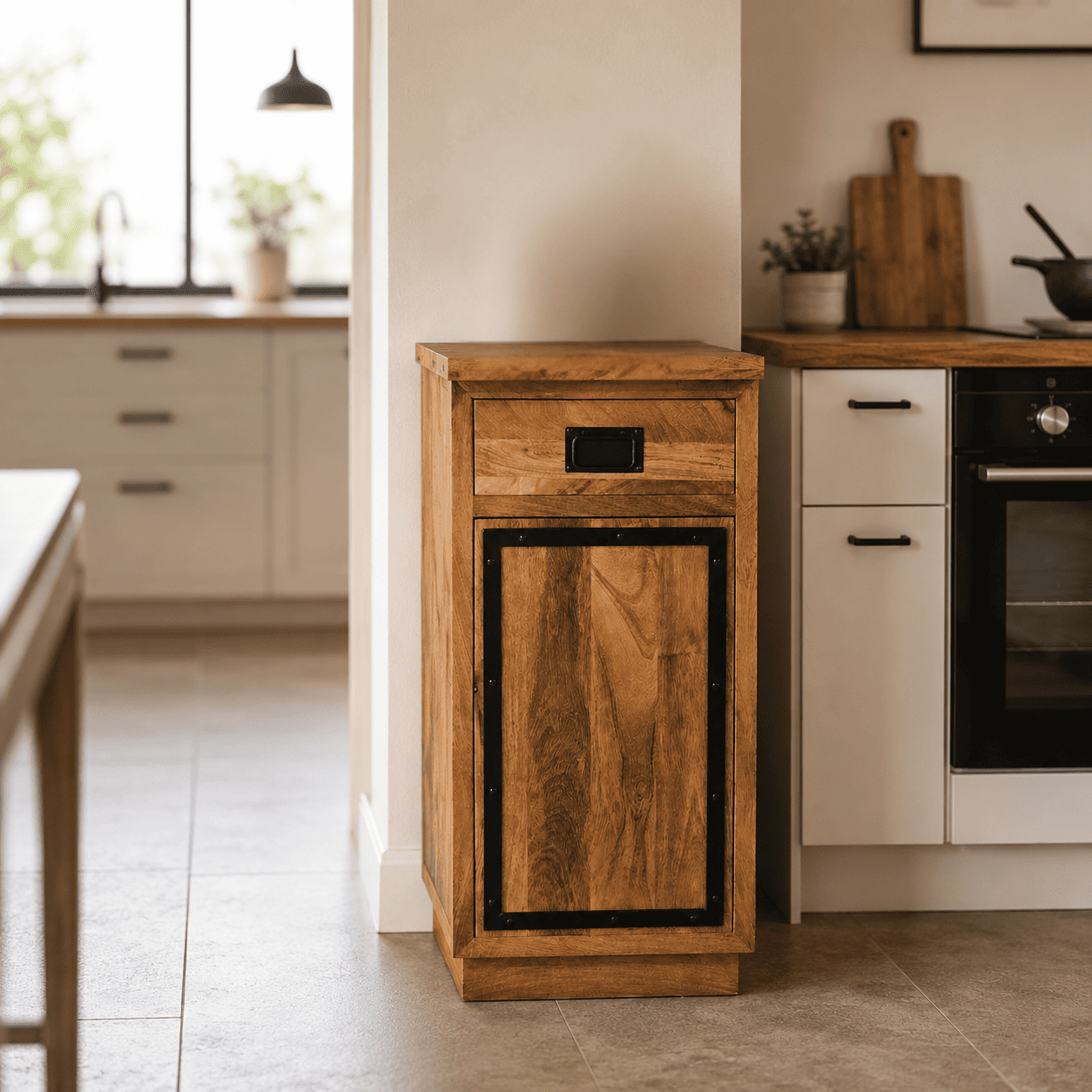 Meuble bas de cuisine 40 cm en bois de manguier massif avec tiroir et porte dans une cuisine industrielle moderne KUKUU.