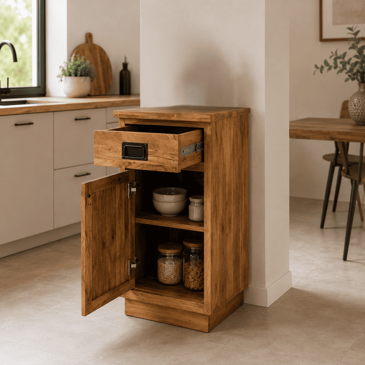 Meuble bas de cuisine 40 cm en bois de manguier massif avec tiroir et porte dans une cuisine industrielle moderne KUKUU. Porte et tiroir ouvert.