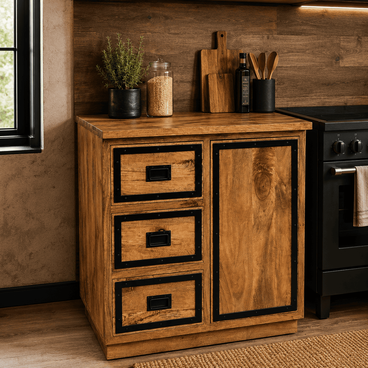 Meuble bas de cuisine 80 cm en bois de manguier massif avec 3 tiroirs et 1 porte dans une cuisine industrielle KUKUU