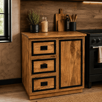 Meuble bas de cuisine 80 cm en bois de manguier massif avec 3 tiroirs et 1 porte dans une cuisine industrielle KUKUU