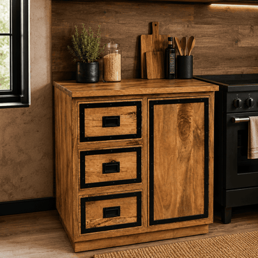 Meuble bas de cuisine 80 cm en bois de manguier massif avec 3 tiroirs et 1 porte dans une cuisine industrielle KUKUU