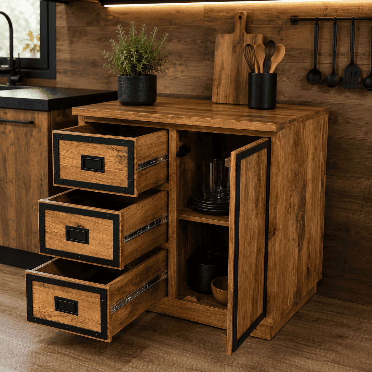 Meuble bas de cuisine 80 cm en bois massif avec tiroirs ouverts et placard de rangement dans une cuisine industrielle KUKUU