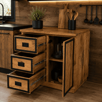 Meuble bas de cuisine 80 cm en bois massif avec tiroirs ouverts et placard de rangement dans une cuisine industrielle KUKUU