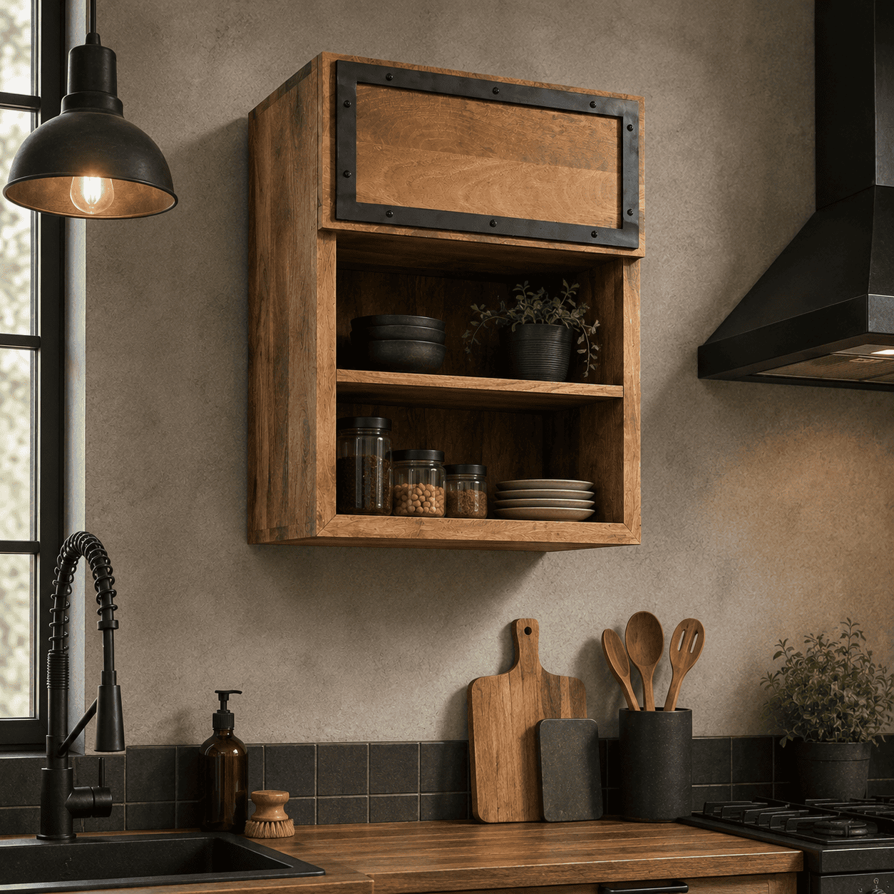 Meuble haut cuisine industriel en bois massif avec niche kukuu