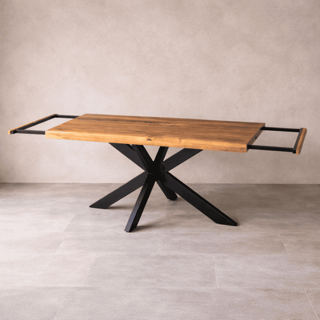 Table à manger industrielle extensible 160-260 cm bois massif - extensions ouvertes
