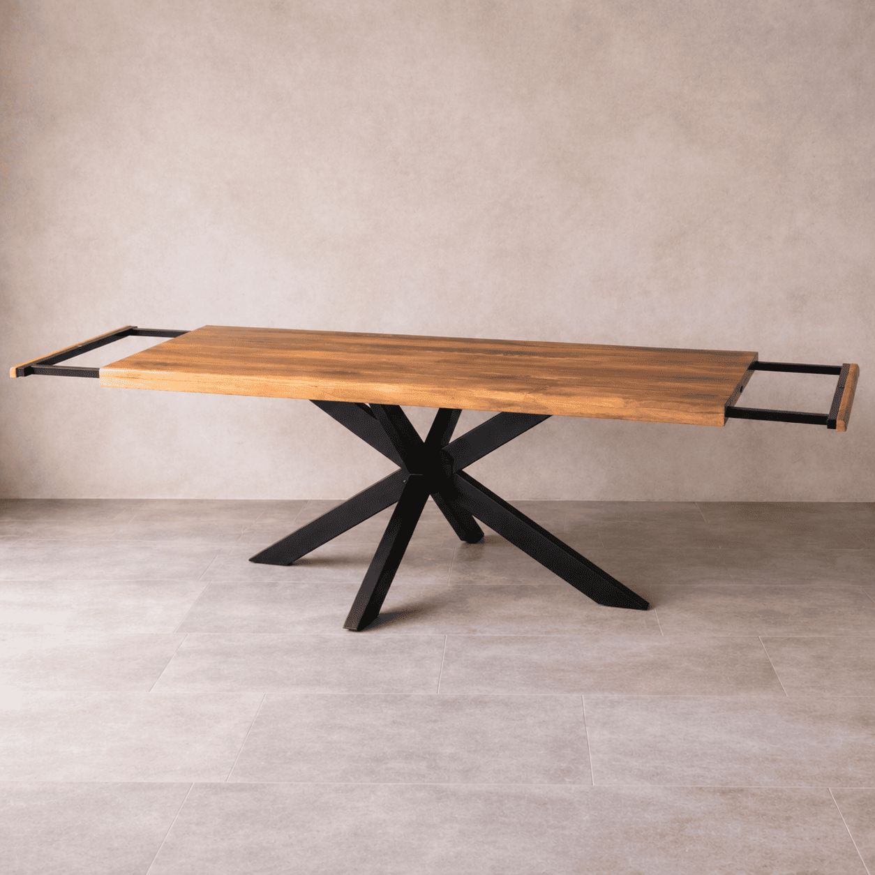 Table à manger industrielle extensible 200-300 cm bois massif KUKUU - extensions ouvertes