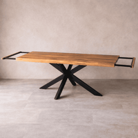 Table à manger industrielle extensible 200-300 cm bois massif KUKUU - extensions ouvertes