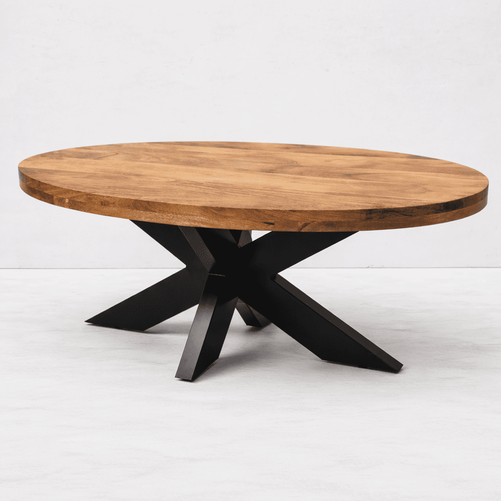 table basse ovale industrielle faite en bois massif de manguier et pieds mikado en métal.