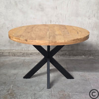 Table ronde extensible industrielle 120 cm fermée en bois de manguier avec pieds mikado