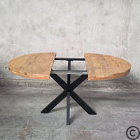 Table ronde extensible industrielle ouverte 160 cm avec rallonge intégrée