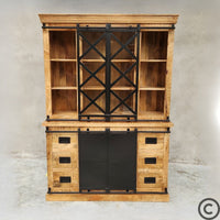 Vaisselier industriel KUKUU en bois de manguier massif et métal noir avec portes coulissantes croisées et tiroirs, 140 cm, meuble de rangement design collection INDUS.