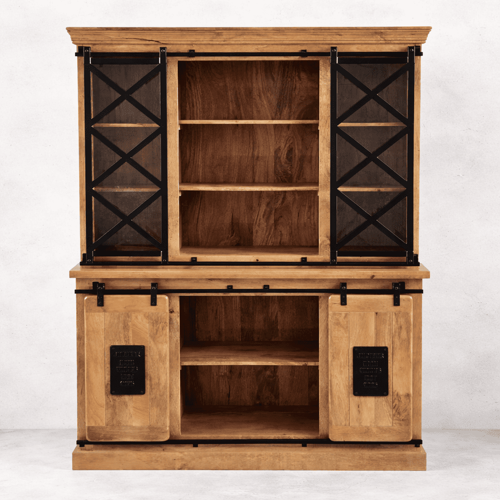 Vaisselier industriel 140 cm en bois massif de manguier – Collection New York