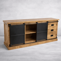 porte ouverte - bahut industriel KUKUU 200 cm fabriqué en bois massif de manguier et métal