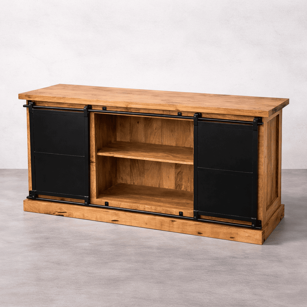 buffet industriel manguier 160 cm rangement portes métal coulissantes Kukuu