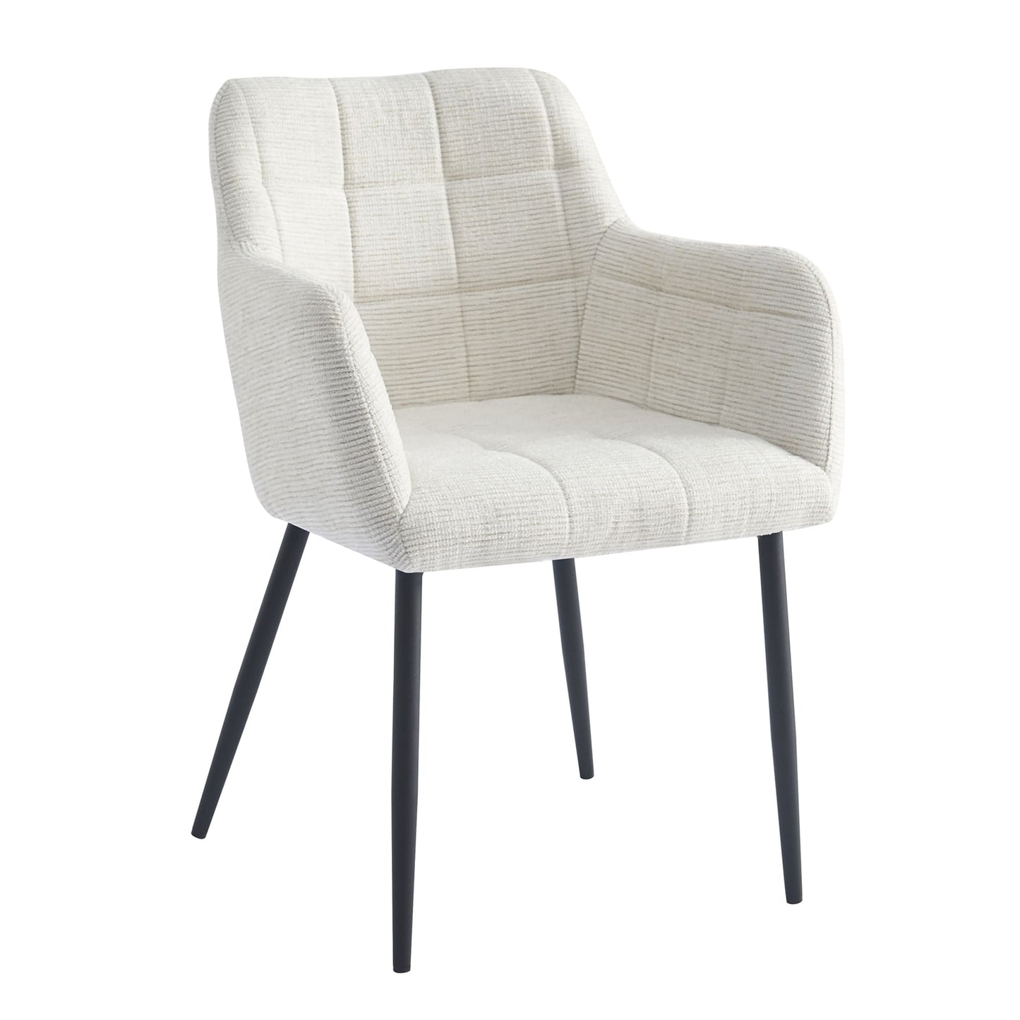 Chaise blanc cassé couture quadrillée avec accoudoirs et pieds en métal noir – dossier à carreaux cousus et assise rembourrée confortable KUKUU.