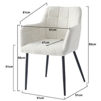 Dimensions détaillées de la chaise couture quadrillée avec accoudoirs et pieds en métal noir – hauteur 85 cm, assise 51 cm, design KUKUU.